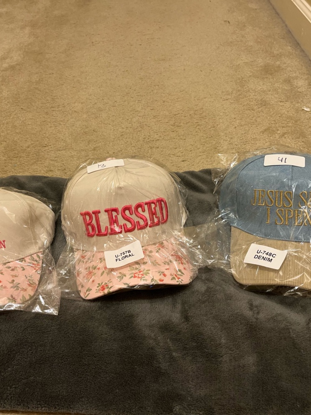Source Unknown Beige Floral Brim 'BLESSED' Baseball Cap
